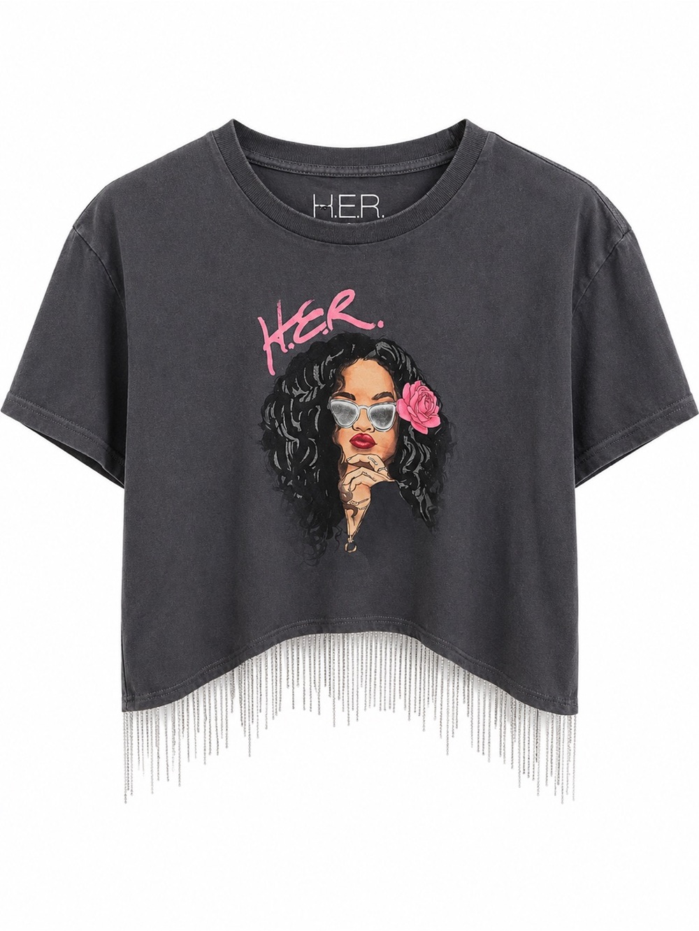 Black Cropped Graphic Tee with Pink Accent and Fringe